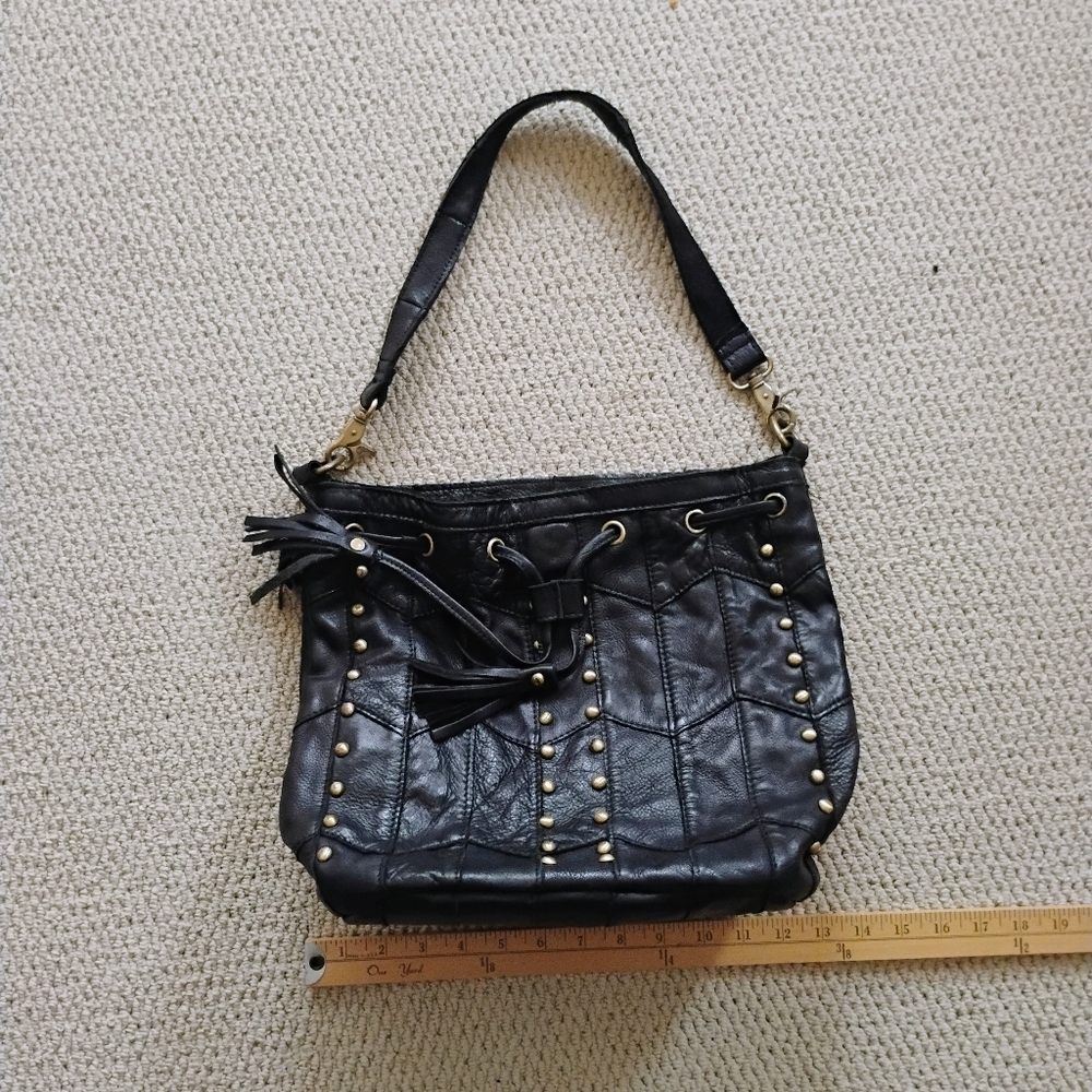 Amerileather Luxury Leather Tassel Studded Bucket Black Bag Moto Hippie Biker - Picture 9 of 12